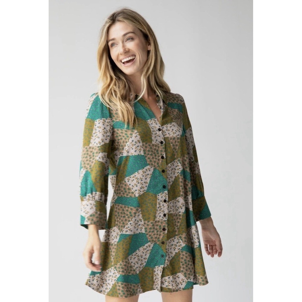 Natural Life Twiggy Shirt Dress M Patchwork Floral Boho Rayon Button Front Mini